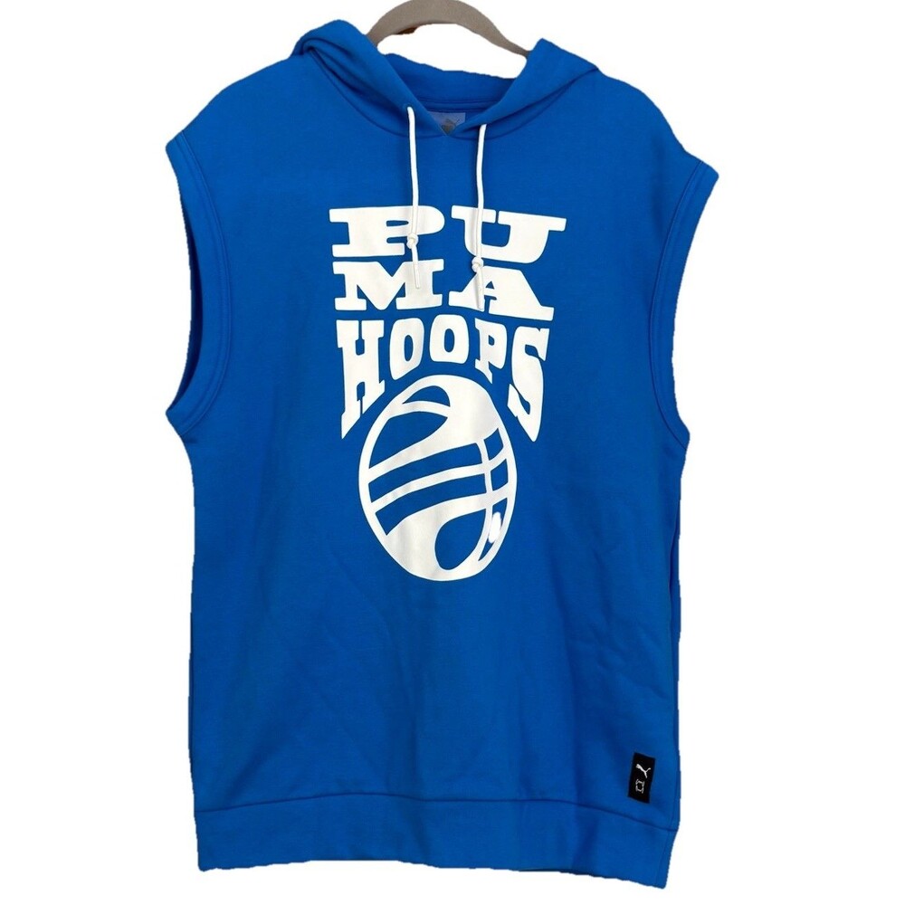 Puma Basketball Sleeveless Hoodie Blue Fleece Pullover Gym Vest Mens L New